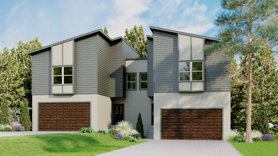 Spruce Haven Townhomes rendering with deep green siding