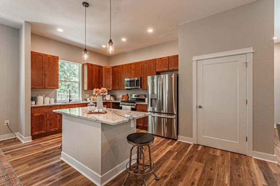 Kitchen view looking over center island